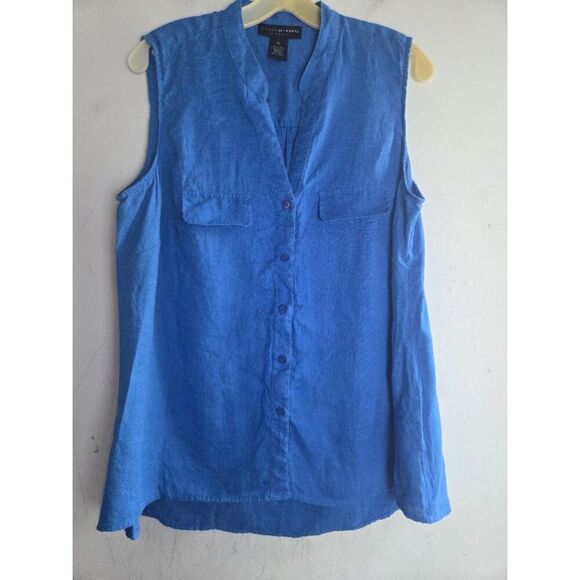 Grace Elements Women Royal Blue Sleeveless 100% Linen Button Down Shirt size 1X - Picture 1 of 5